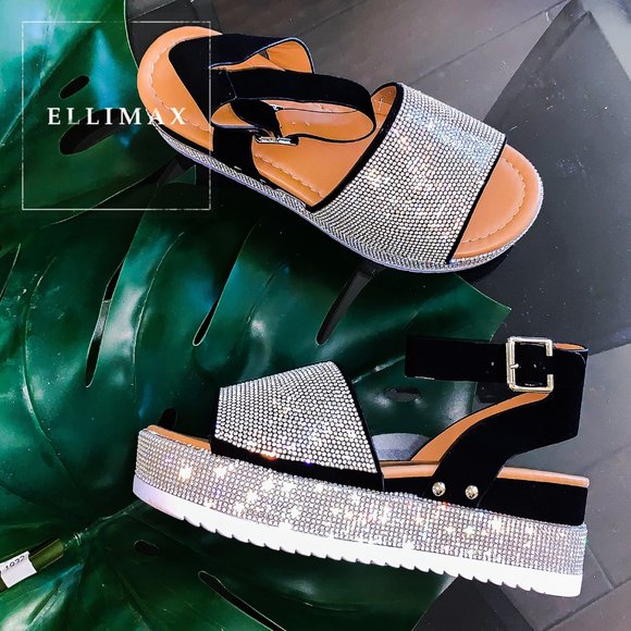 NEW Bling Silver Rhinestone Peep Toe Flat Platform Wedge Heel Sandal Ankle Strap - Picture 5 of 12